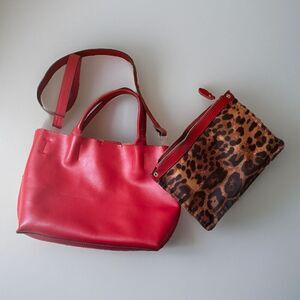 COLAB Christopher Kon Red Leather Tote Removable Pouch Cheetah Crossbody *READ*